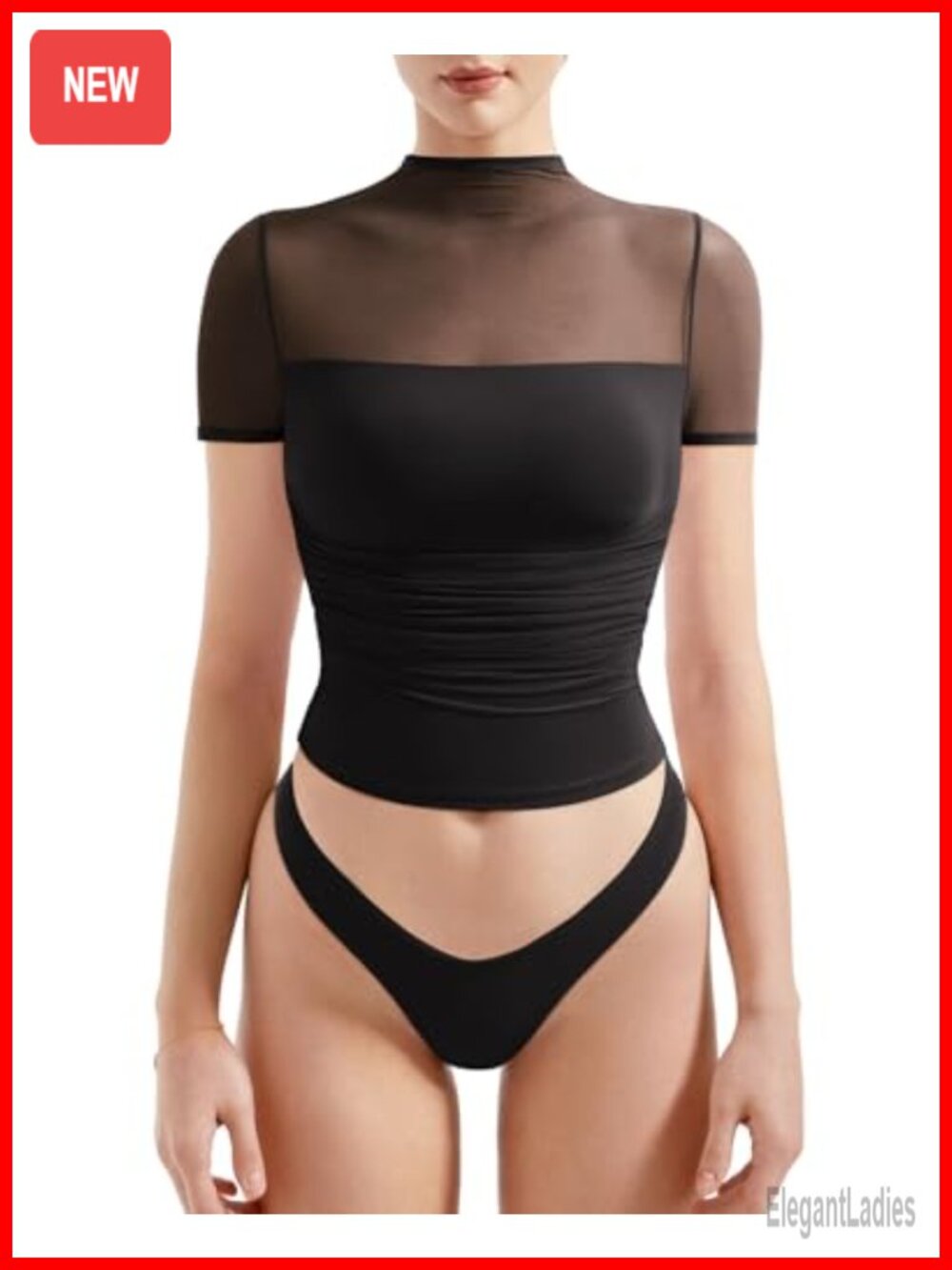 Mesh Sheer Short Sleeve Mock Neck Ruched Going Out Top